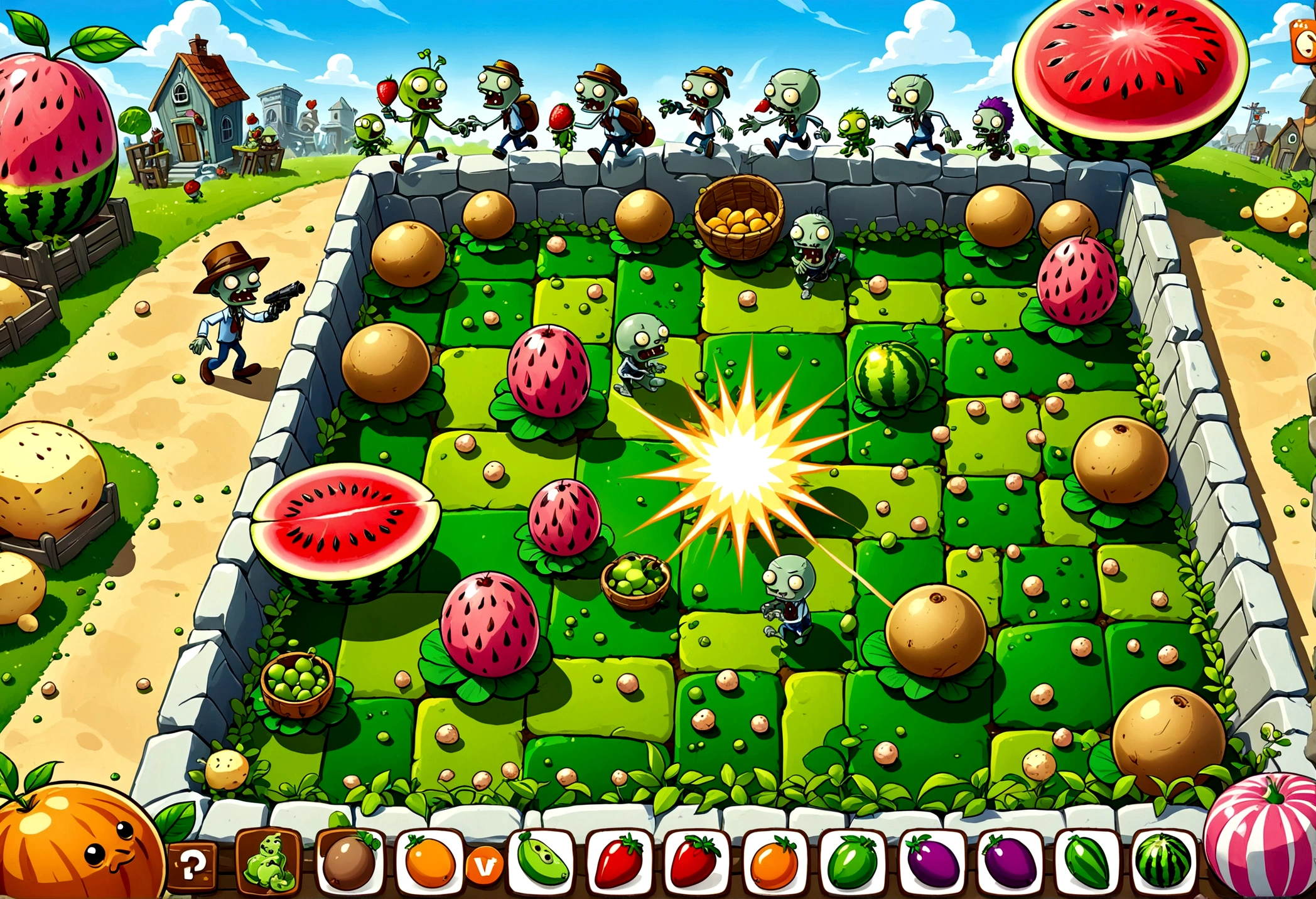 A screen shot showing a gaming video on the popular video-sharing platform，The game being played is a vivid fictional action-adventure game Plants vs. Zombies，The setting is a detailed fantasy world filled with all kinds of weird plants and zombies，Cold，Pea shooter，Potato mines，sunflower，(Cherry Bomb)，Chomper，(Gatling Pea)，Flag zombies，Exaggerated art illustration