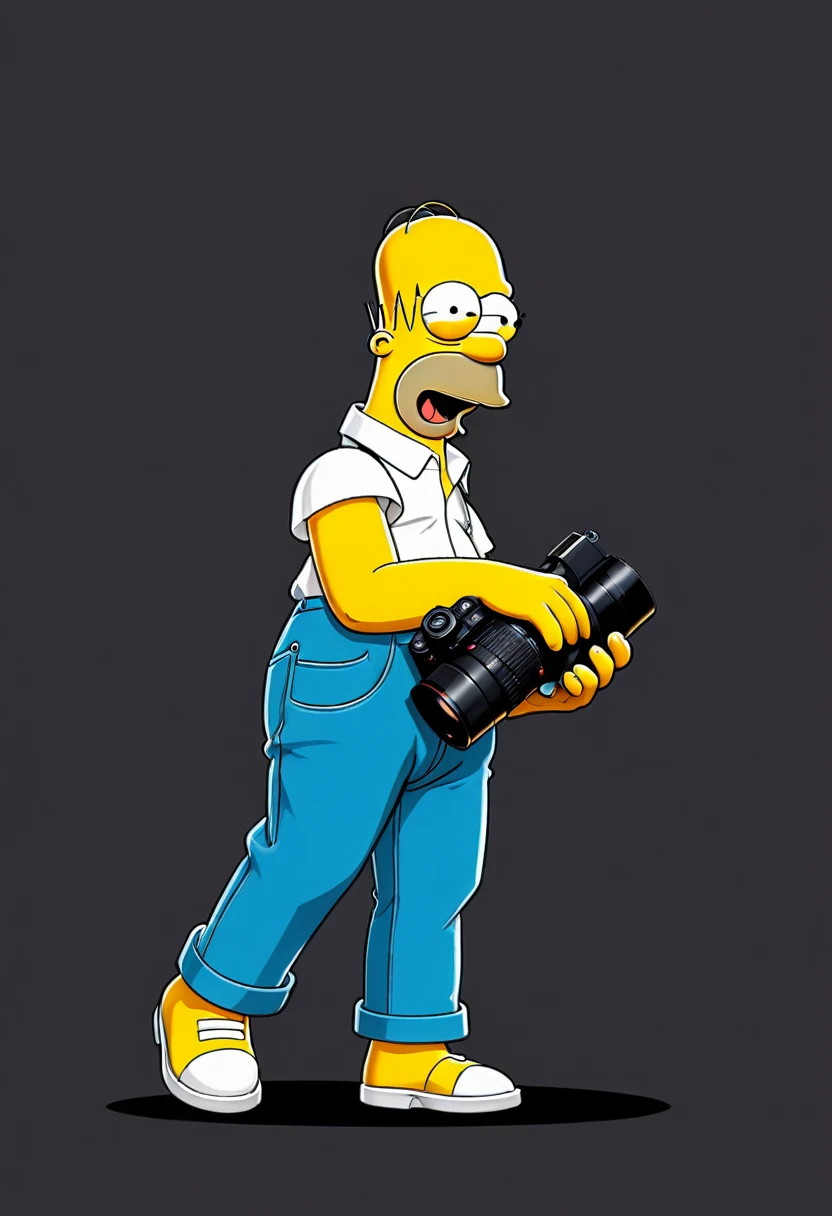 2D, Homer Simpson, shote shirt, blue pants, holding a photo camera, frontal view, full posture, solid black background