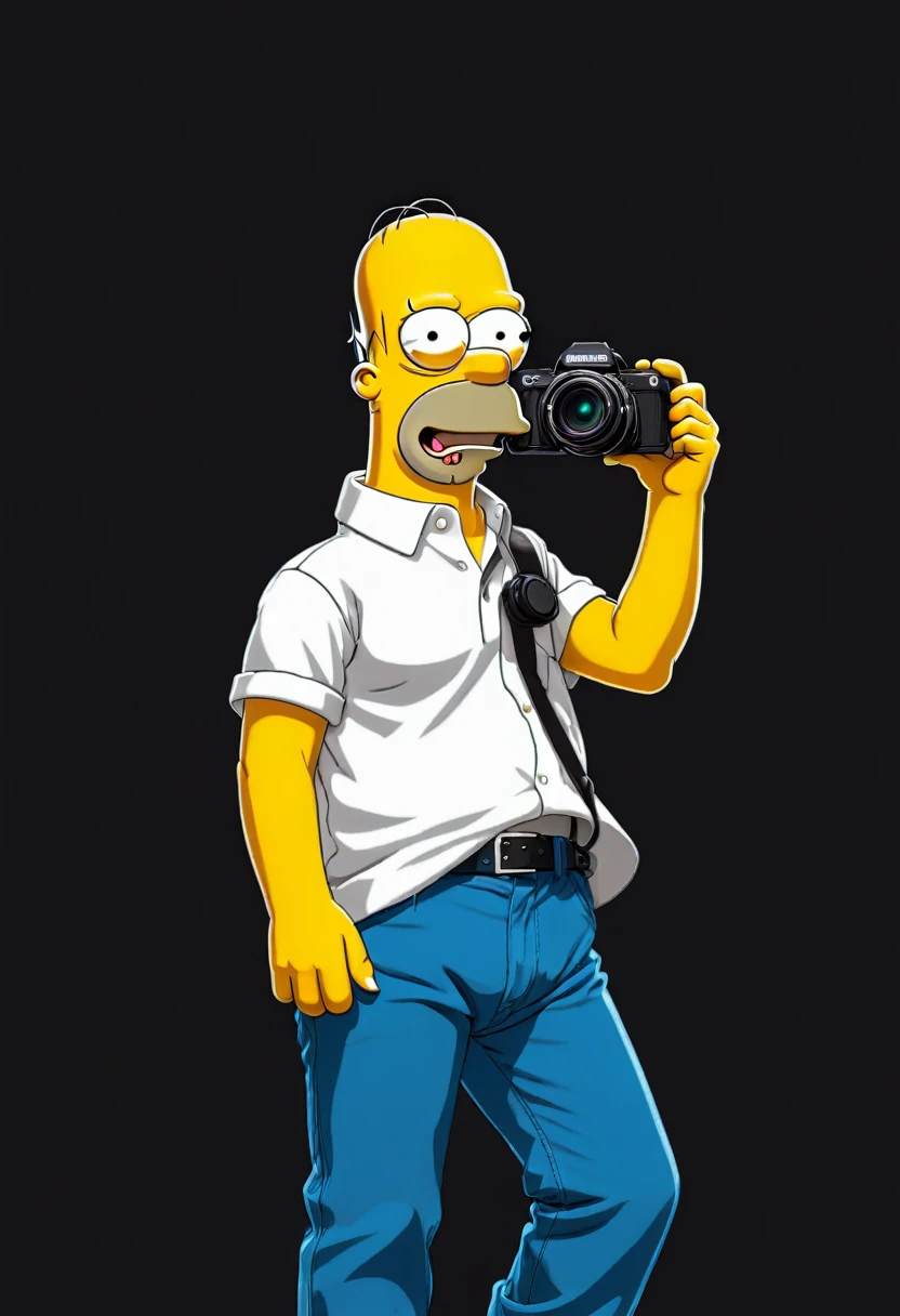 2D, Homer Simpson, shote shirt, blue pants, holding a photo camera, frontal view, full posture, solid black background
