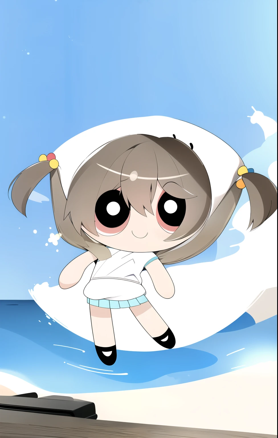 brown hair, short twintail, cute smile, cute eyes, chibi, 1girl, brown eyes, black Singlet, light blue skirt, ocean beach background,