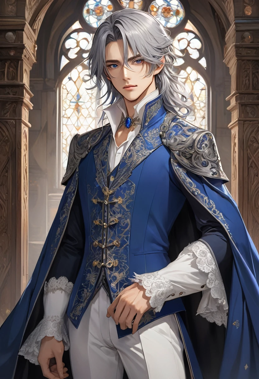  Frontal standing full-body portrait of a handsome anime man wearing a blue suit with gorgeous sleeves and a white fancy collar looking at the audience. Male version of handsome full-body portrait high resolution, Super detailed masterpiece, Wheels within wheels, Best quality for long gray hair, Korean face, Anime eyes, Gothic prince costumes with detailed interiors in medieval style, Detailed Character Art Academy Beautifully detailed, Delicate and exquisite frontal standing full body portrait(Don&#39;t go beyond the screen)Anatomically correct animated style modern front full body portrait(Don&#39;t go beyond the screen)official art, Impressive.全身肖像 超細緻的動畫藝術 完美的構圖 Wheels within wheels的細節 細緻數位藝術