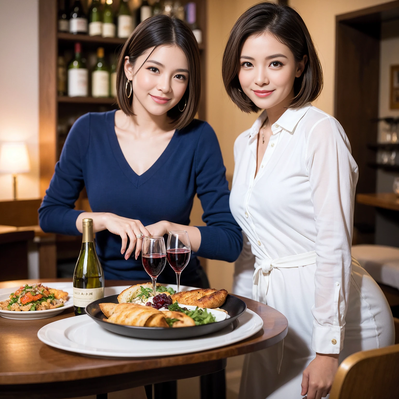 ((Highest quality、8K、masterpiece:1.3))、slimカップル、modelカップル、(Realistic, Intricate details:1.2), full-course dinner、Wine Party、Amazing view of the sunset sky and clouds、A bright smile、The wonderfulness of smile、Bright image、The beauty of wine, Beautiful Face, blue eyes, The light shines on your face, Blushing, short hair,Bright Face、 (Age 37), 39 years old, red wine 、Appetizers、Italian food、Wine bottle、Champagne、sparkling wine、Two beauties、Brown Hair、Shortcuts、Long sleeve shirt、dress、Beautiful woman 1, (slimな顔), (The body is slim), (Brown Hair), (Shortcuts), cheeks turn a little red,Attractive beauty、restaurant, In a prominent place (From the waist up) Nova Frog Style, actress, model, Upper Body, White wine, slim, wine glass, 中央に置かれたwine glass, smile, (smile: 1.15), Beautiful fine grain, Depth f/2,saturation, High Contrast, Strong light and shadow,Moist Body:1.5、3D texture、Delicate eyes、Brown Hair、The hair is very shiny、