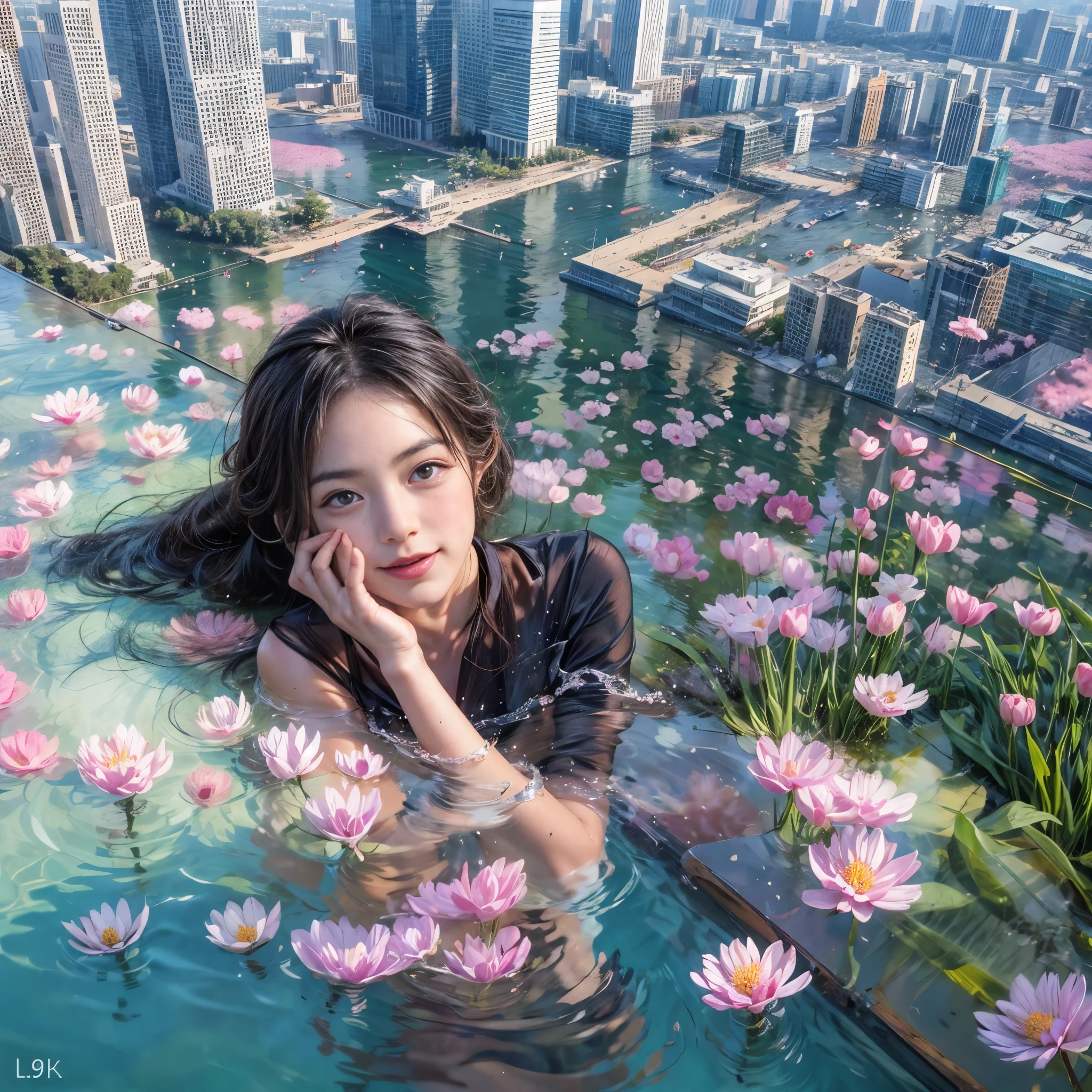ExtremelyDetailed(ProfessionalPhoto of Girl Floating in the Sky:1.37), 280th floor infinity pool,The tallest building in the urban forest, {Around bonsai|Luo Han Song|coconut palms|tulips|Rose flower}, (Masterpiece 8K TopQuality:1.2), (ExtremelyDetailed KAWAII face Eyes:1.28){ElaboratePupils with (SparklingHighlights:1.28)|DoubleEyelids with (Voluminous LongEyelashes:0.88)|RosyCheeks} BREAK Detailed impeccable Radiant PearlSkin with Transparency, Skinny(SchoolSwimwear:1.28) beautiful graceful {(HiddenHand)|((Corrected BabyLikeHand))} (Whole Body Proportions and all limbs are Anatomically Accurate), (Full of Flowers)(extra limbs:-1.4)