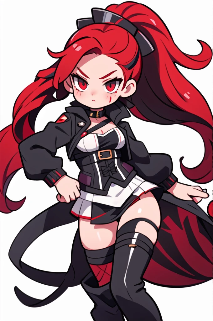 Rogue human woman, with red hair and black streaks, long high ponytail, white corset, black mini skirt, black thigh high boots, black jacket, with a dagger
