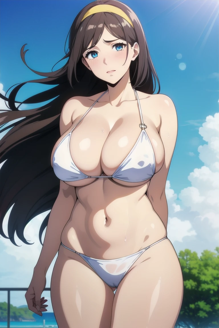 (Very beautiful face and eyes:1.2),(Embarrassed face),((Large Breasts))、Fresh Skin、Beautiful legs,White wet bikini、,Kuroku、Yellow and white headband、(((Cleavage、Areola、)))
(Highest quality,masterpiece:1.2),1 Girl,Observe the audience,
Natural light,Hair blowing in the wind,Beautifully detailed skies,