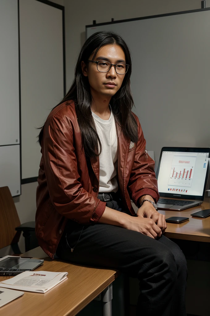 Asian , Singaporean,man,27 years , black , medium length hair, round glasses , casual clothing , red jacket, sits against the background of an office space and charts,Opposite MacBook,Realism,эпик Realism