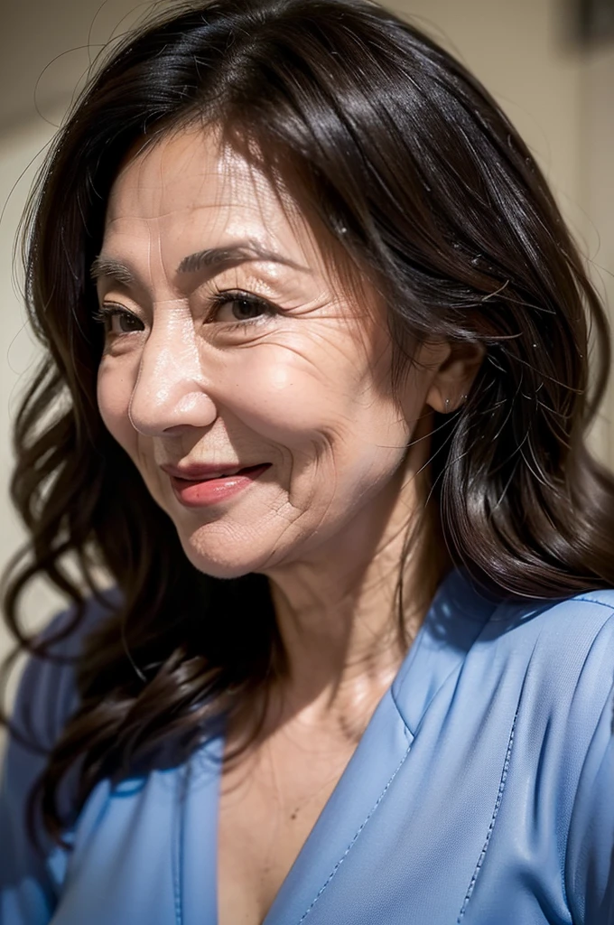 (masterpiece:1.4),(68-year-old woman:1.5),(facial wrinkles 1.2),A kind smile,Long Wavy Hair, Motherhood Mature Woman, tight suit
