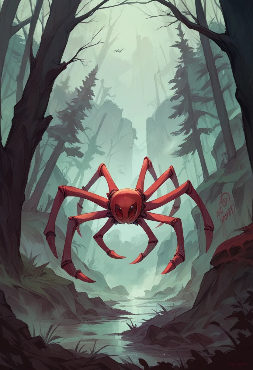 spider, forest, red led, red graffiti, fog, 8k, high quiality, ambient occlusion