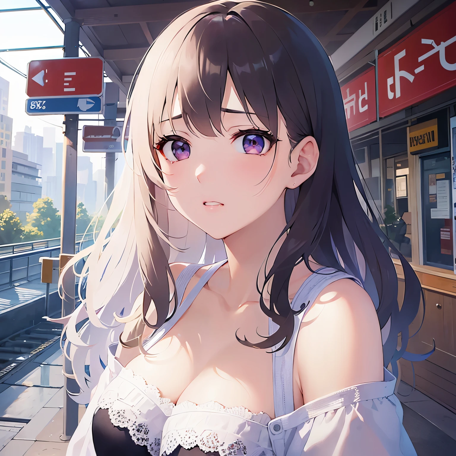 looking down, Biologically correct five fingers、(looking away:1.5), side angle, Upper Body, Realistic, real person, (pale skin: 1.2), RAW photo, photorealistic, shiny skin, shiny hair、(A 25-year-old woman with straight hair and bangs) and (medium hair) and (black hair) and (purple eyes) , (white) and (off shoulder blouse)、(sad:1.5), The background is a train station platform.、Alone、Are standing