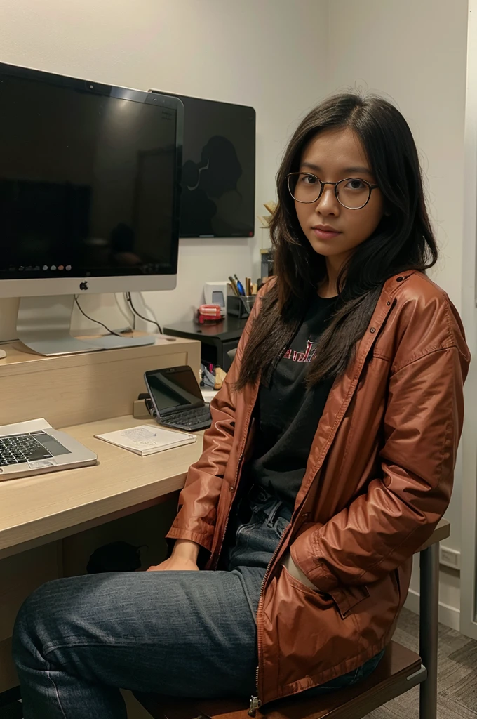 Asian , Singaporean,27 years , black , medium length hair, round glasses , casual clothing , red jacket, sits against the background of an office space and charts,Opposite MacBook,Realism,эпик Realism