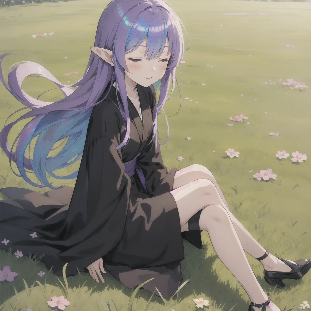 anime girl long purple hair wearing a black Robe. she has pointy ears. Manga kawaii. iridescent ,An illustration, 0ne person .Sitting in the grass, hair blowing in the wind, Eyes closed