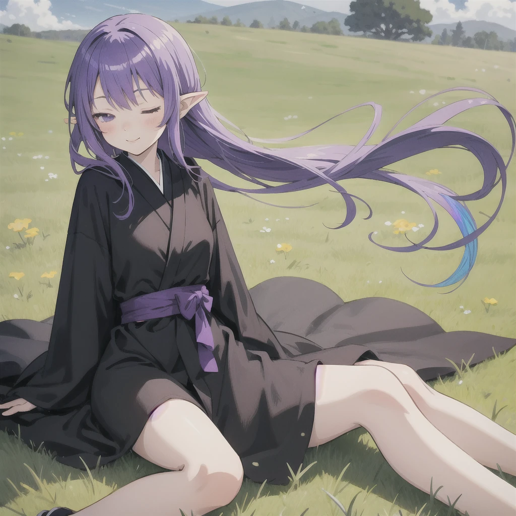 anime girl long purple hair wearing a black Robe. she has pointy ears. Manga kawaii. iridescent ,An illustration, 0ne person .Sitting in the grass, hair blowing in the wind, Eyes closed