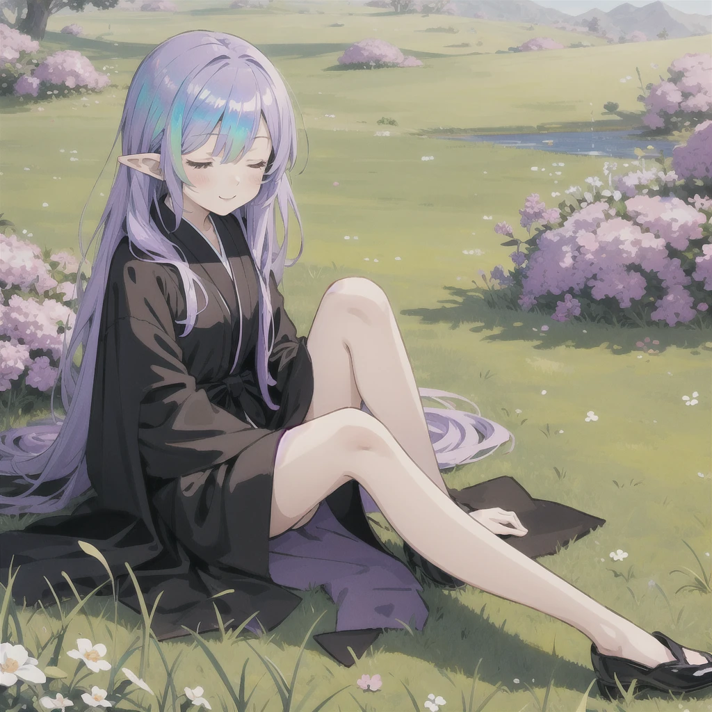 anime girl long purple hair wearing a black Robe. she has pointy ears. Manga kawaii. iridescent ,An illustration, 0ne person .Sitting in the grass, hair blowing in the wind, Eyes closed