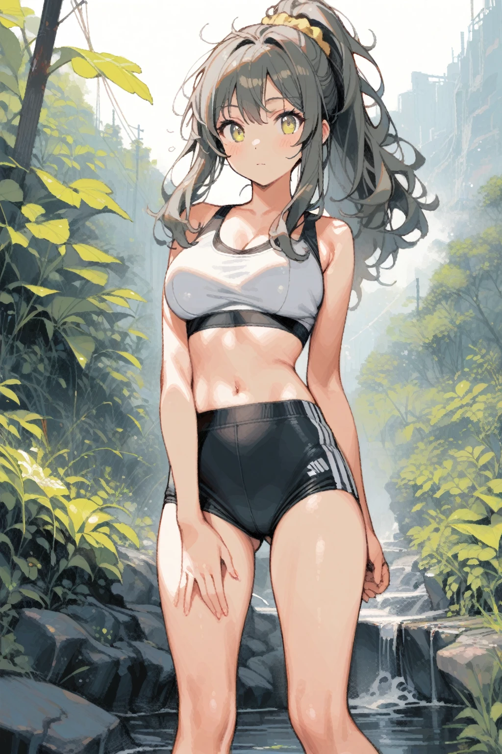 1girl, futaba rio, seishun buta yarou, (large breasts), skinny, , (messy hair:1.2), ponytail, hair_scrunchie, tegaki, sports bra, outdoors, (standing, knees_apart:1.2),
masterpiece, best quality, very aesthetic, absurdres, highly detailed