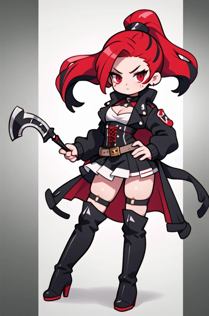 Rogue human woman, with red hair and black streaks, long high ponytail, white corset, black mini skirt, black thigh high boots, black jacket, with a dagger