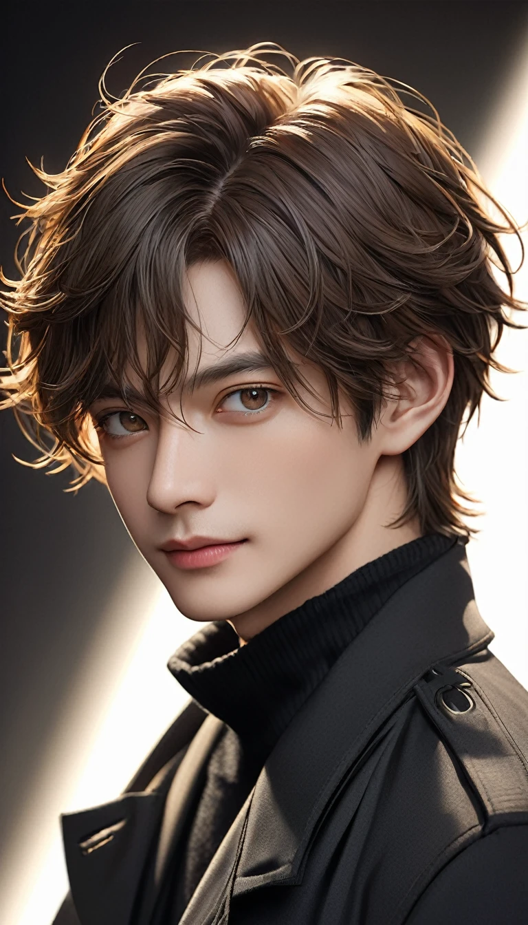 Handsome mature young boy dynamic full body photo, close-up of brown-haired man wearing black windbreaker( perfect anatomy ) Face side close-up. Detailed face. realistic eyes.
The face and eyes are very detailed. Delicate skin.、Delicate skin texture smile, Black trench coat dark shadow background, black soft light, Professional photography master'Artworks, texture, complicated, Clear,
High-quality masterpieces,Extremely complicated and exquisitely detailed, Super detailed, Super detailed digital art