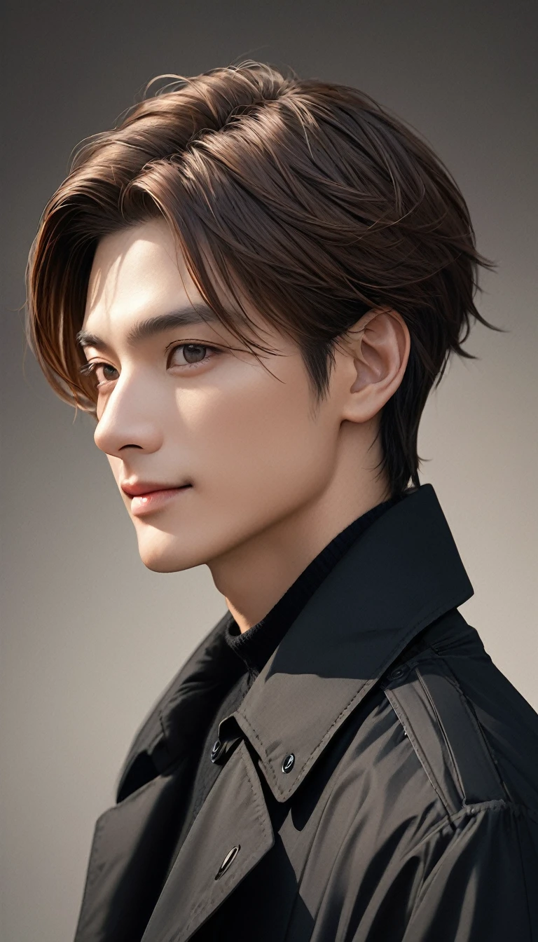    Handsome mature young boy dynamic full body photo, close-up of brown-haired man wearing black windbreaker( perfect anatomy ) Face side close-up. Detailed face. realistic eyes. 

               The face and eyes are very detailed. Delicate skin.、Delicate skin texture smile, Black trench coat dark shadow background, black soft light, Professional photography master&#39;Artworks, texture, complicated, Clear,

                    High-quality masterpieces，Extremely complicated and exquisitely detailed, Super detailed, Super detailed digital art