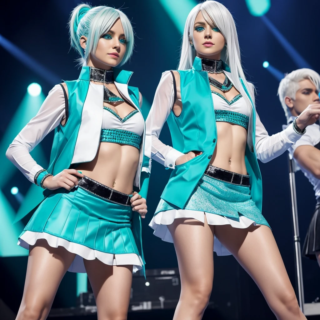 Turquoise performance outfit, extremely short skirt and unconventional vest, long platinum white hair, attractive eyes, emerald green stage