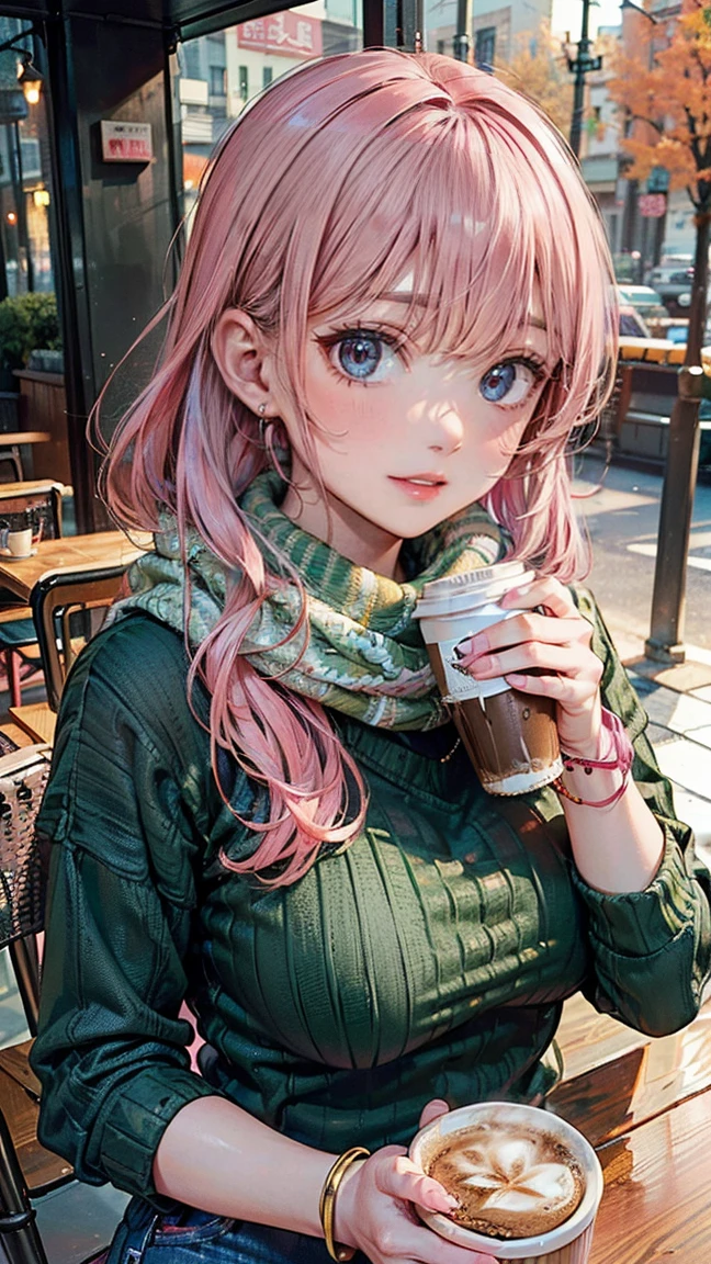 (Masterpiece, BestQuality:1.3), (ultra detailed:1.2), (hyperrealistic:1.3), (RAW photo:1.2), High detail RAW color photo, professional photograph, (Photorealistic:1.4), (realistic:1.4), (Pink Hair:1.5), professional lighting, perfect anatomy, (Big Breasts:1.2), (blush, detailed face), (cheerful Smile:1.5), Trending Hair&Trending Hairカラーをランダムに, earrings, necklace, bracelet, sexly, erotic sexly, Random sexy gravure poses, (Green sweater and jeans、And the girl with the scarf、Enjoying hot coffee on a cafe terrace in autumn。:1.3)