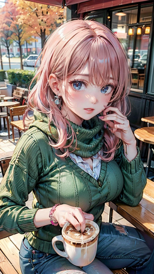 (Masterpiece, BestQuality:1.3), (ultra detailed:1.2), (hyperrealistic:1.3), (RAW photo:1.2), High detail RAW color photo, professional photograph, (Photorealistic:1.4), (realistic:1.4), (Pink Hair:1.5), professional lighting, perfect anatomy, (Big Breasts:1.2), (blush, detailed face), (cheerful Smile:1.5), Trending Hair&Trending Hairカラーをランダムに, earrings, necklace, bracelet, sexly, erotic sexly, Random sexy gravure poses, (Green sweater and jeans、And the girl with the scarf、Enjoying hot coffee on a cafe terrace in autumn。:1.3)