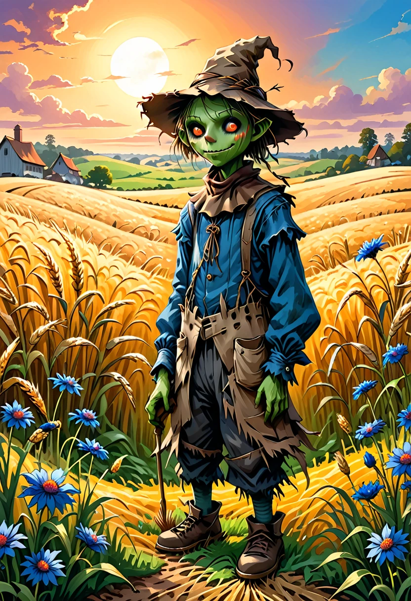 summer, best quality, Ink Painting, Acrylic Fiber, Cute scarecrow goblin creature with long thin straw in rye field, Cornflower, sunrise, Farm stay, By Clara, author:Dan Mumford, Andy Keeho, 2D, flat, Lovely, Lovely, High quality, Art on cracked paper, fairy tale, Detailed illustrations for storybooks, Movie, Ultra HD, detail, 美丽的detail, mystery, Luminism, Vibrant colors, Complex background