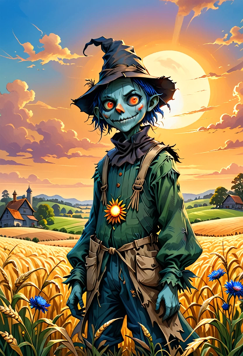 summer, best quality, Ink Painting, Acrylic Fiber, Cute scarecrow goblin creature with long thin straw in rye field, Cornflower, sunrise, Farm stay, By Clara, author:Dan Mumford, Andy Keeho, 2D, flat, Lovely, Lovely, High quality, Art on cracked paper, fairy tale, Detailed illustrations for storybooks, Movie, Ultra HD, detail, 美丽的detail, mystery, Luminism, Vibrant colors, Complex background
