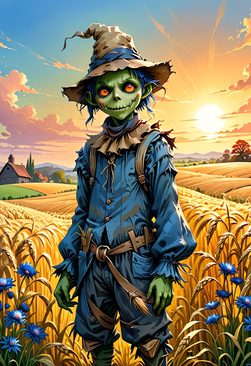 summer, best quality, Ink Painting, Acrylic Fiber, Cute scarecrow goblin creature with long thin straw in rye field, Cornflower, sunrise, Farm stay, By Clara, author：Dan Mumford, Andy Keeho, 2D, flat, Lovely, Lovely, High quality, Art on cracked paper, fairy tale, Detailed illustrations for storybooks, Movie, Ultra HD, detail, 美丽的detail, mystery, Luminism, Vibrant colors, Complex background