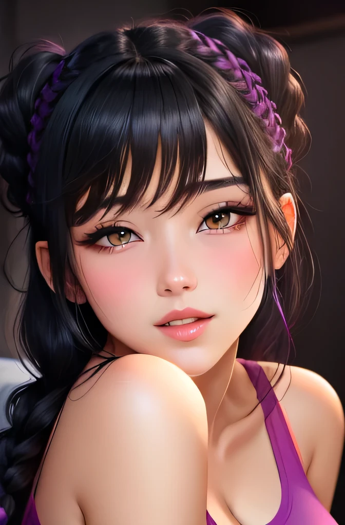 Sexy and cute girl, black hair tied in a braid, seductive gaze, blushing intensely, pink lips parted, long neck, oversized purple t shirt, bare shoulders, medium chest, cleavage, lying on bed