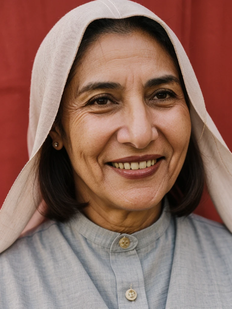 her name is Natividad, middle-aged Qatari woman, (((snub nose))), (50 years old), (short hair), (wrinkles), 1girl, solo, smile