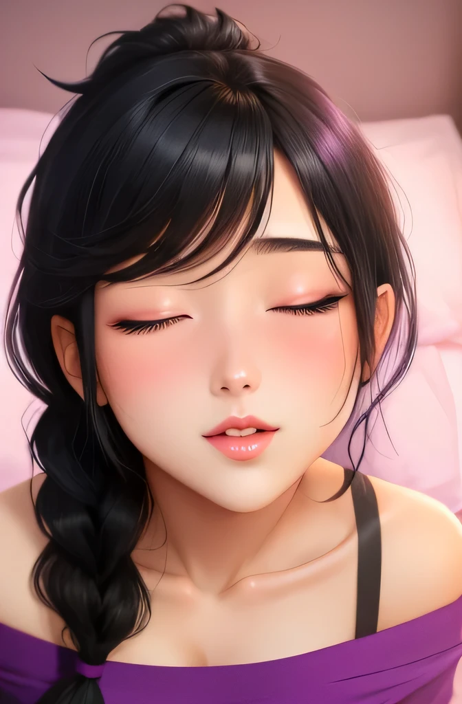 Sexy and cute girl, black hair tied in a braid, seductive gaze, blushing intensely, pink lips parted, long neck, oversized purple t shirt, bare shoulders, medium chest, cleavage, lying on bed