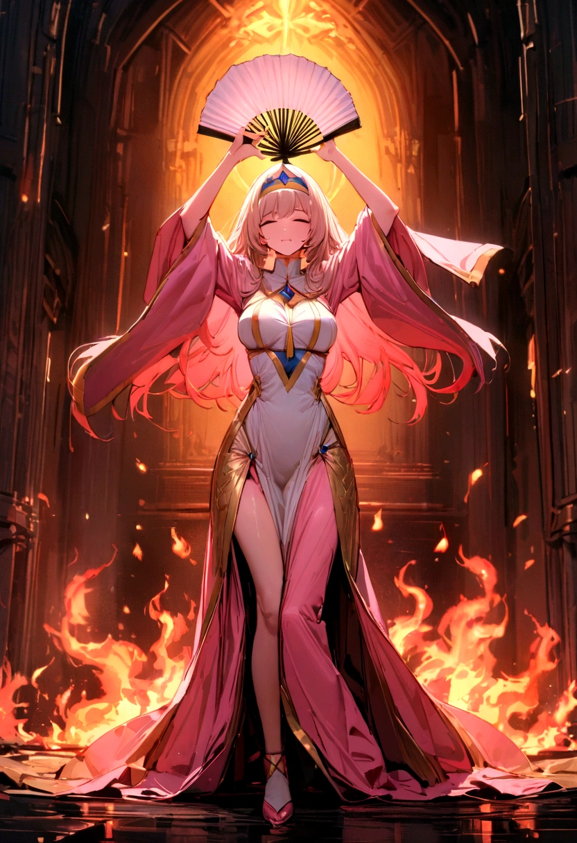 High Frequency: 1.8, Rich Detail, Masterpiece, 8K, Beautiful Priestess in Pink Shirt Standing in front of Fire, Dancing, Hands Waving Fan, Fan on Fire, Flames Surround Priestessess, Burning Battlefield Background,