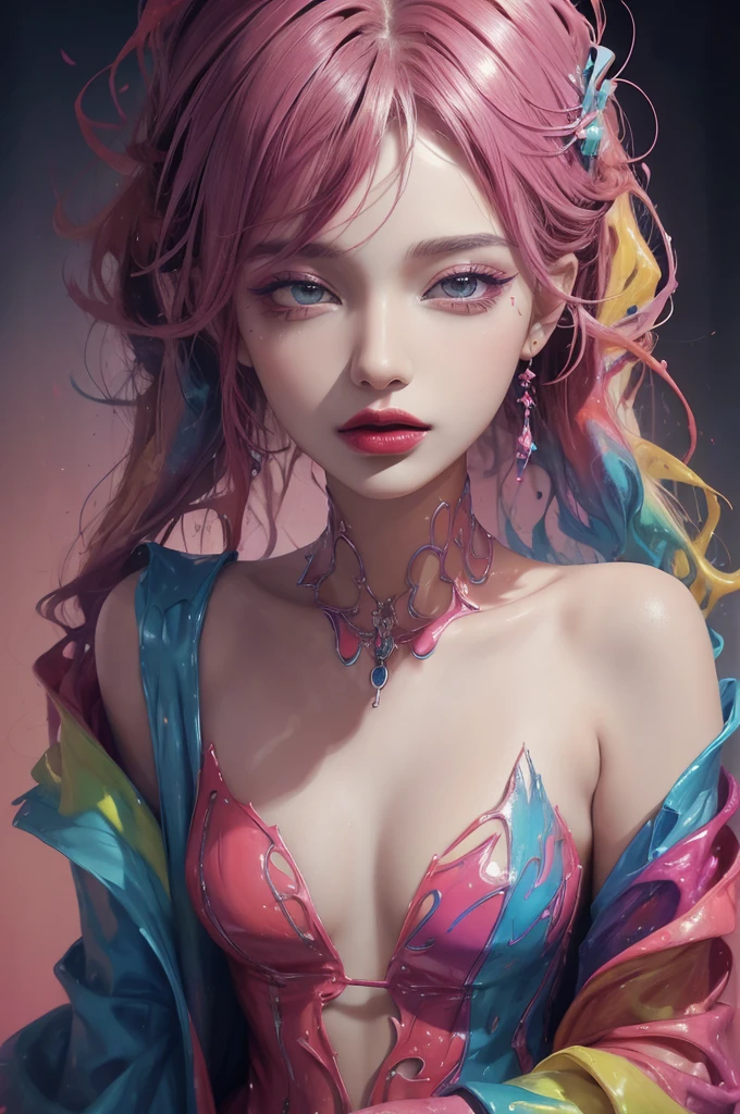 (masterpiece, top quality, best quality, official art, abstract aesthetic),solo,(1girl),(upper body|full body),a woman with colorful lipstick,psychedelic dripping colors,small breasts,best of behance,inspired by Alberto Seveso,smooth digital artwork,behance art,stunning digital art,beautiful acrylic fluid portrait,cgsociety saturated colors,photorealistic digital arts,trending digital art,surrealistic digital artwork,glossy digital painting,exquisite digital fashion photography,uhd,