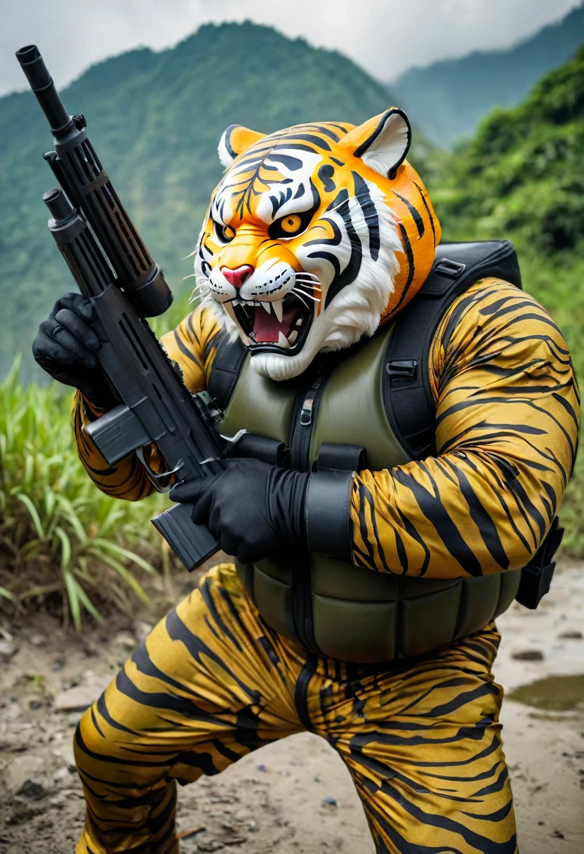 (a dark-skinned fat old man in a bulky camouflage zipper diver suit) shooting with a gun and (wearing roaring siberian tiger mask that show the wearer eyes), muscular, Basuki Abdullah, sumatraism, action, a character portrait, heroic, fierce, snarling