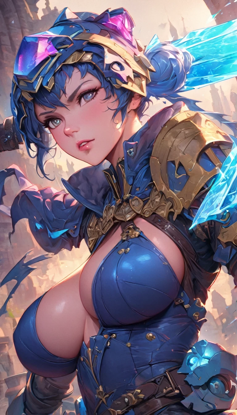 best quality,4k,8k,highres,masterpiece:1.2),ultra-detailed, extremely detailed eyes, extremely detailed body, (large masterpiece digital art), (detailed manga illustration), (detailed line art), ((perfect anatomy)), (intricate details:1.3), (ultra-detailed:1.3), (illustration:1.3), (sharp focus:1.3), (natural lighting:1.05), (vivid colors:1.3), (masterpiece), best quality, expressive eyes, perfect face, 1 girl, breasts, gloves, large breasts, {blue hair}, medium hair, wavy hair, (gray eyes), hourglass physique, huge ass, dynamic pose, dynamic lighting, fur trim, glowing, crystal, helm, helmet, armor, ((full armor)), cuisses, shoulder armor, belt, hand guard, boots, glove, particles stream, creationmagic, ethereal creation, Magic Circle, glowing, crystal, jim lee, Brazilian woman, hair bun, fur trim, jewelry, crystal, wild energy, cinematic lighting, heroic atmosphere, Beautiful woman, Atey Ghailan, Jeremy Mann, Greg Manchess, Antonio Moro, trend in ArtStation, trend in CGSociety, Intricate, High Detail, Sharp focus, dramatic and photorealistic painting art by Midjourney and Greg Rutkowski, Marvel Cinematic Universe style, (((mystical gothic castle in the background))), crystal sword in hand,