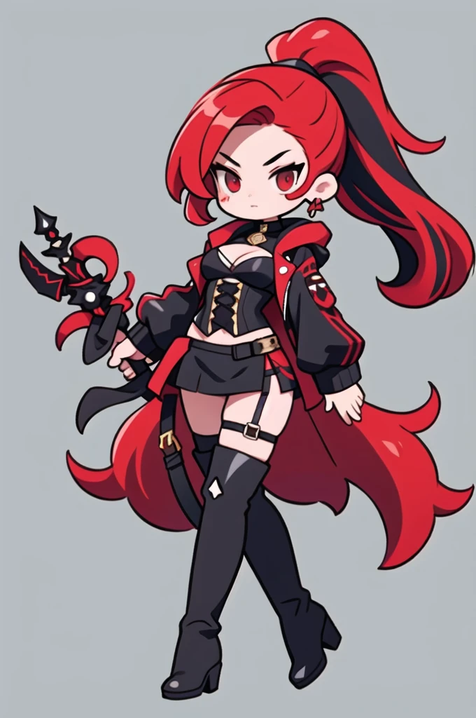 maximum quality, kasumi yoshizawa (from persona 5), chibi, thin, full body, smile, black leotard and coat, halloween,pony tail, mask, long boots