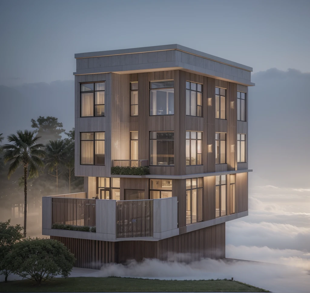 RAW photo, Exterior of two story white modern house, (road:1.3), (sidewalk:1.3), (sidewalk trees:1.3), (residences area:1.4), dawn time, overcast, fog, tropical trees and plants, (high detailed:1.2), 8k uhd, dslr, soft lighting, high quality, film grain, Fujifilm XT3, (sharpen:1.5)