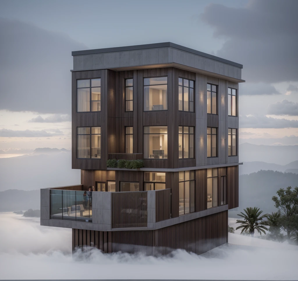 RAW photo, Exterior of two story white modern house, (road:1.3), (sidewalk:1.3), (sidewalk trees:1.3), (residences area:1.4), dawn time, overcast, fog, tropical trees and plants, (high detailed:1.2), 8k uhd, dslr, soft lighting, high quality, film grain, Fujifilm XT3, (sharpen:1.5)