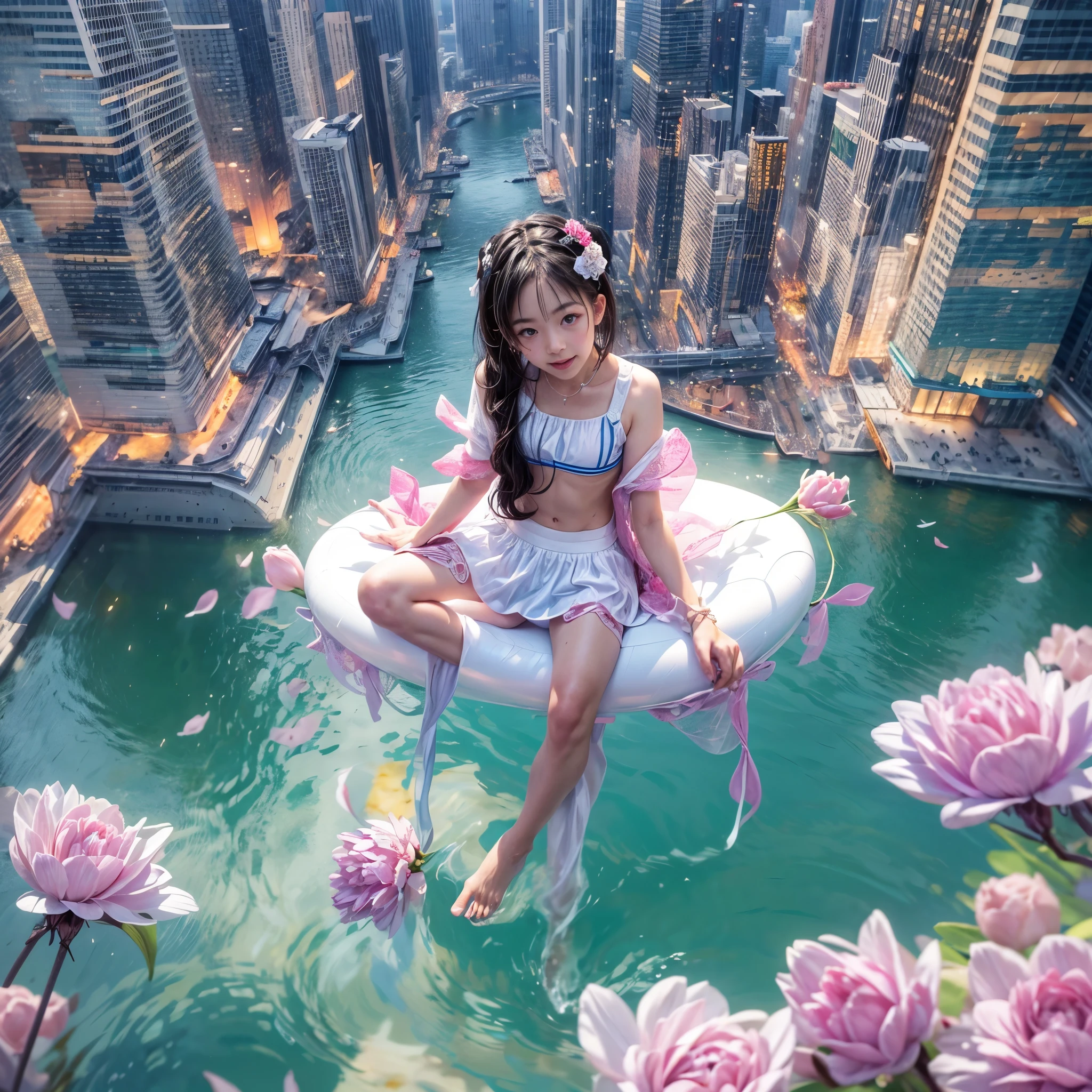 280th floor infinity pool,The tallest building in the urban forest, {Around bonsai|Luo Han Song|coconut palms|tulips|Rose flower}, ExtermlyDetaild(ProfessionlPhoto of Girl floating in the sky:1.37)(Masterpiece 8K TopQuality:1.2), (ExtremelyDetailed KAWAII face Eyes:1.28){ElaboratePupils with (SparklingHighlights:1.28)|DoubleEyelids with (Voluminous LongEyelashes:0.88)|RosyCheeks} BREAK Detailed impeccable Radiant PearlSkin with Transparency, Skinny(SchoolSwimwear:1.37) beautiful graceful {(HiddenHand)|(Corrected BabyLikeHand)} (Whole Body Proportions and all limbs are Anatomically Accurate), Full of Flowers