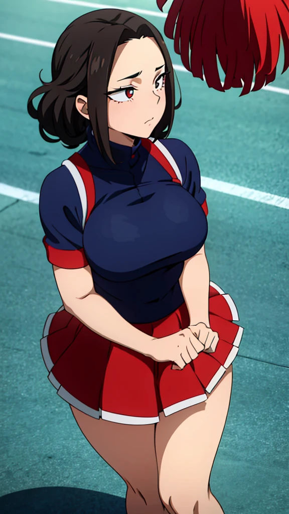 Yaoyorozu , standing , pov from top , big eyes , beautiful face , eyelashes , hot , cheerleader outfit , my hero academia style , big round breasts , sexy , thighs , anime style , cell shading , revealing thighs , side view , lifted skirt , sexy ass , curly hair , 