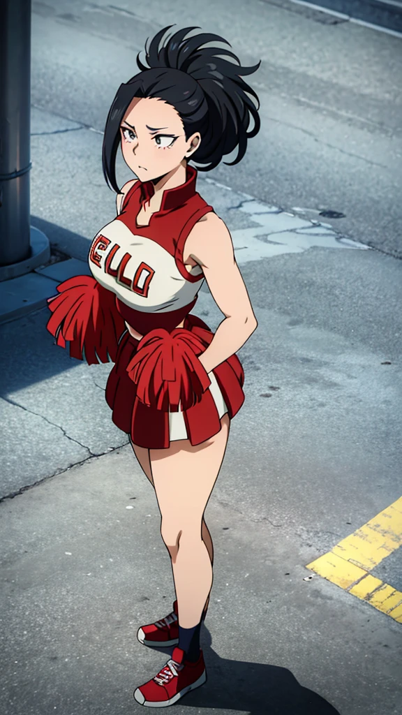 Yaoyorozu , standing , pov from top , big eyes , beautiful face , eyelashes , hot , cheerleader outfit , my hero academia style , big round breasts , sexy , thighs , anime style , cell shading , revealing thighs , side view , lifted skirt , sexy ass , curly hair , 