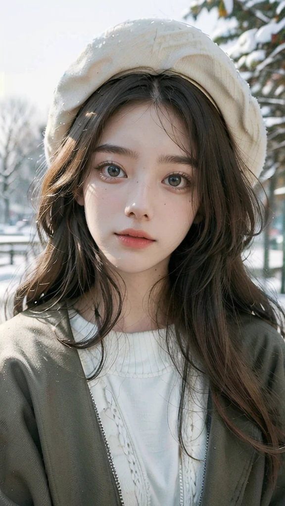 (best quality,4K,high resolution,masterpiece:1.4),Super detailed,Very detailed,sharp focus,Surreal:1.4,professional,HD images,bright colors,Bokeh,Beautiful and delicate eyes,Beautiful and delicate lips,long eyelashes,Romantic atmosphere,soft light,Contrast light and shadow,Lighting effects,high nose bridge,high nose，Yamane，young,Lively,Chubby cheeks,charming,graceful curves，Blonde hair，full，The streets of Moscow，European girl，Snowing day，Kremlin background，Wearing a red star cotton hat，Olive green military uniform