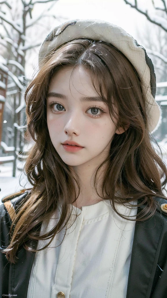 (best quality,4K,high resolution,masterpiece:1.4),Super detailed,Very detailed,sharp focus,Surreal:1.4,professional,HD images,bright colors,Bokeh,Beautiful and delicate eyes,Beautiful and delicate lips,long eyelashes,Romantic atmosphere,soft light,Contrast light and shadow,Lighting effects,high nose bridge,high nose,Yamane,young,Lively,Chubby cheeks,charming,graceful curves,Blonde hair,full,The streets of Moscow,European girl,Snowing day,Kremlin background,Wearing a red star cotton hat,Olive green military uniform