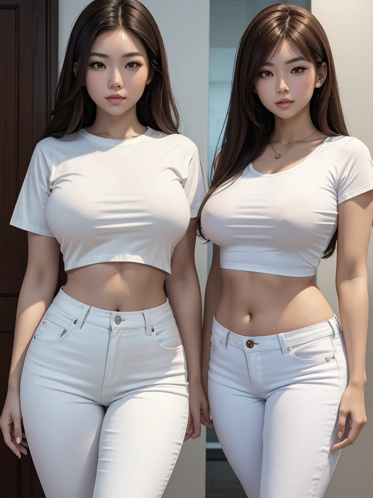 Asian woman with white skin tone. She has brown eyes and brown hair. She has a slim, thick, curvy, hour glass body frame with double D's. She has a slim waist. She wears a white t-shirt double D and white jeans.