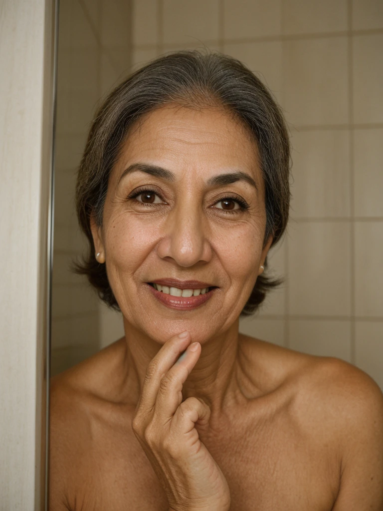 her name is Natividad, middle-aged Qatari woman, (((snub nose))), (50 years old), (short hair), (wrinkles), 1girl, solo, smile, nude and naked inside the classy bathroom