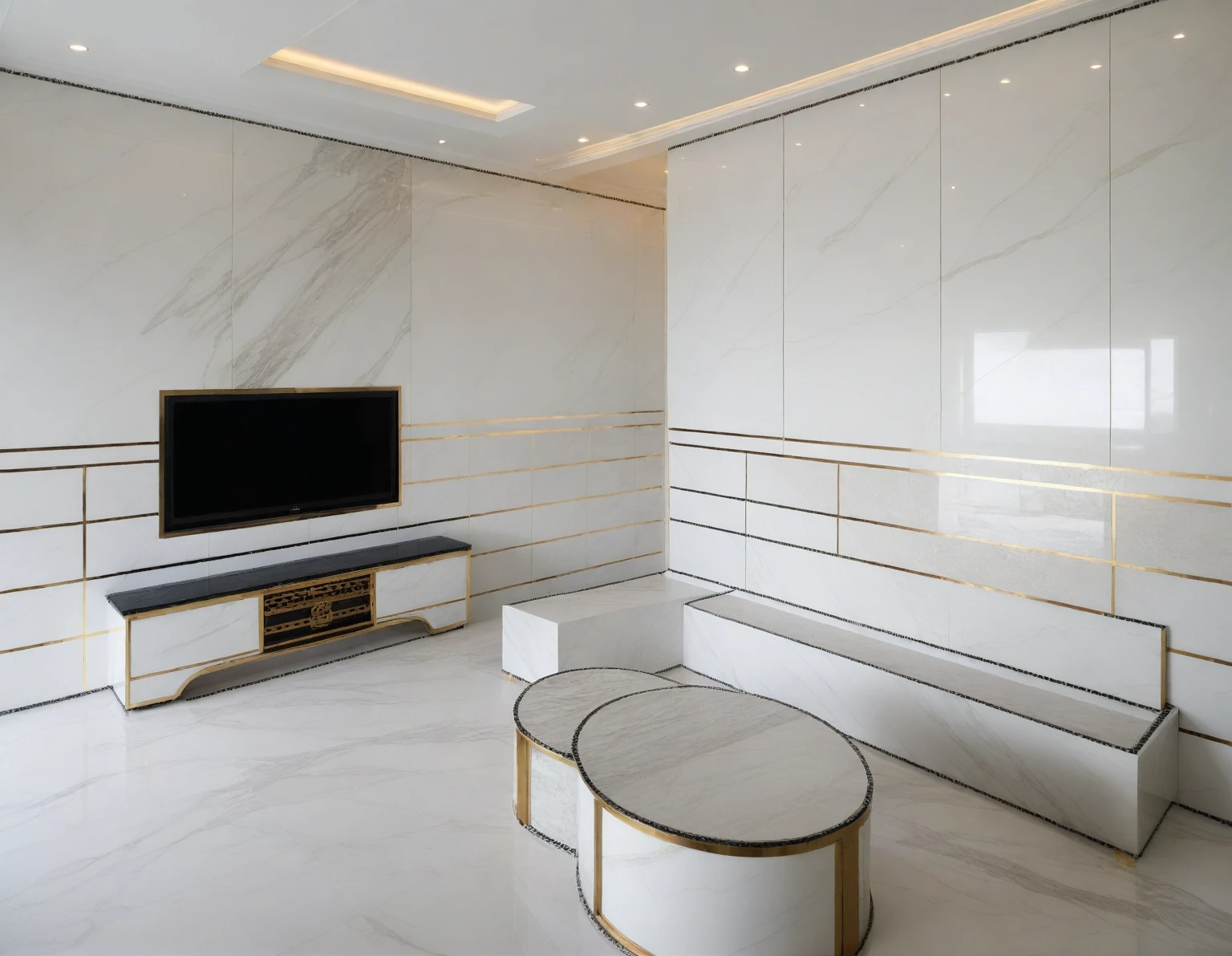 Raw photo,Masterpiece, high quality, best quality, authentic, super detail,
indoors, interior , ((living room :1.3)), modern style, daylight, (WHITE WALL),luxury, marble tile floor, fridge, black stone counter top, tiling wall