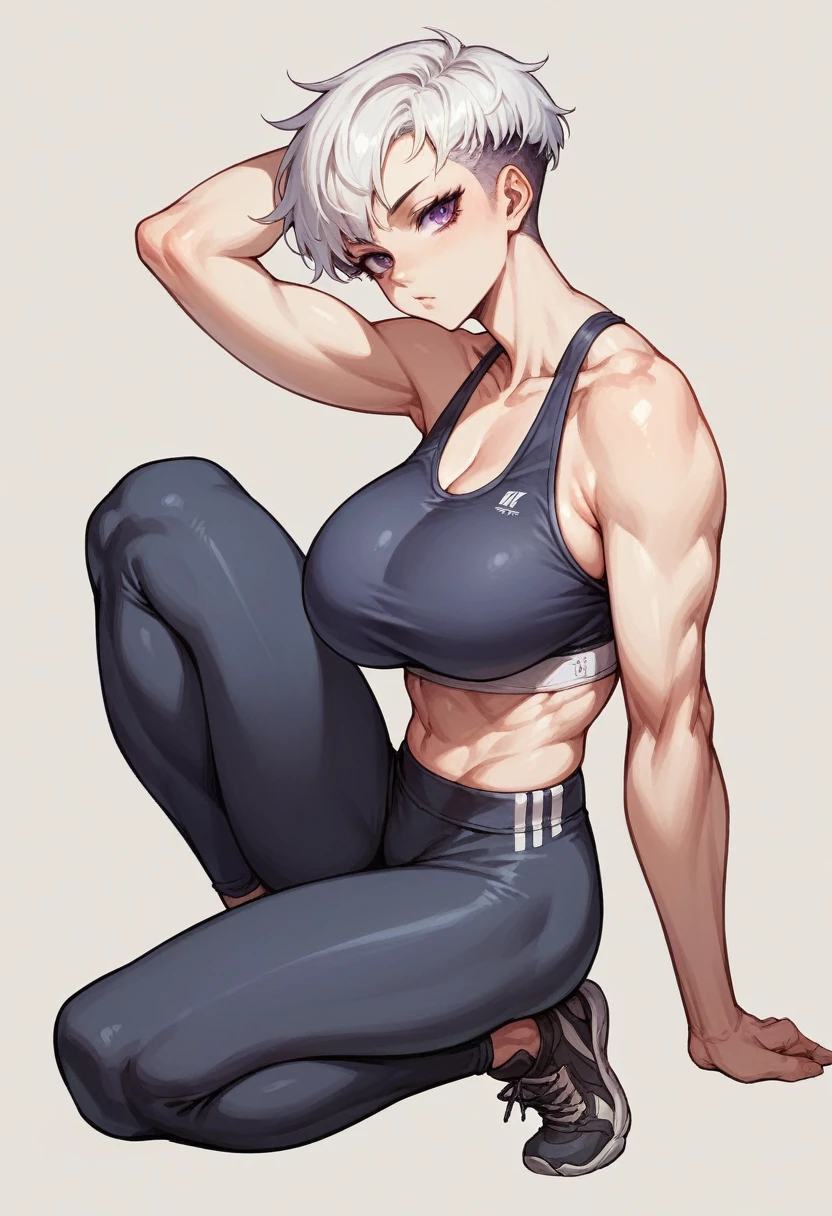 1 girl, pixie cut, white hair, purple eyes, Japanese, huge breast, sports bra, leggings, sexy pose, full body, fit body, white skin, 