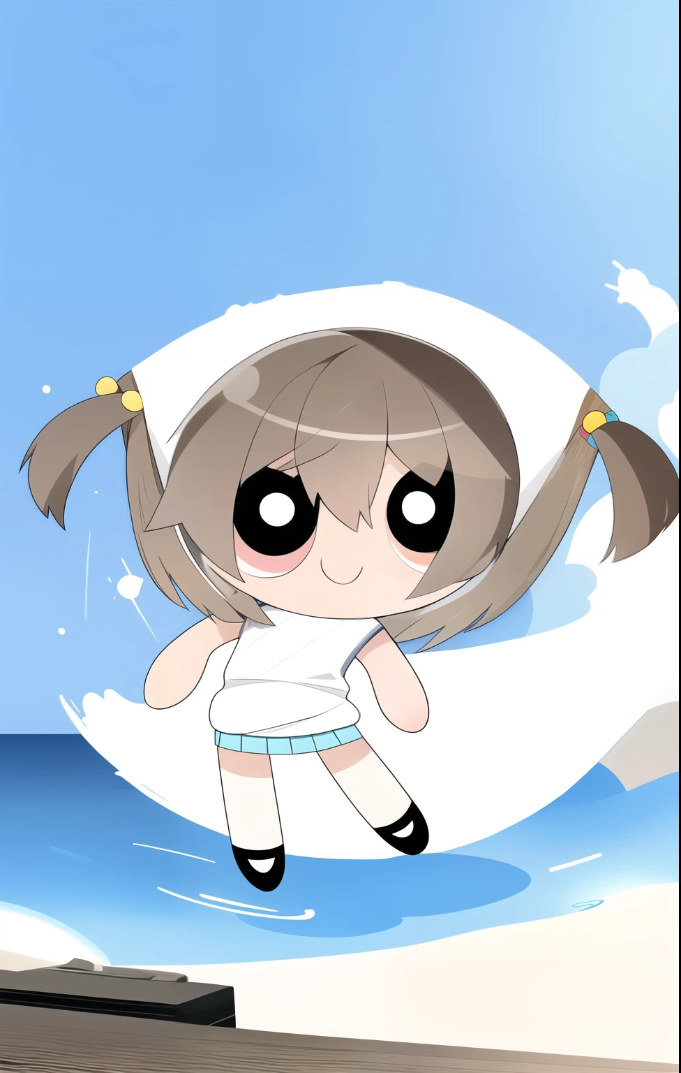 brown hair, short twintail, cute smile, cute eyes, chibi, 1girl, brown eyes, black Singlet, light blue skirt, ocean beach background,