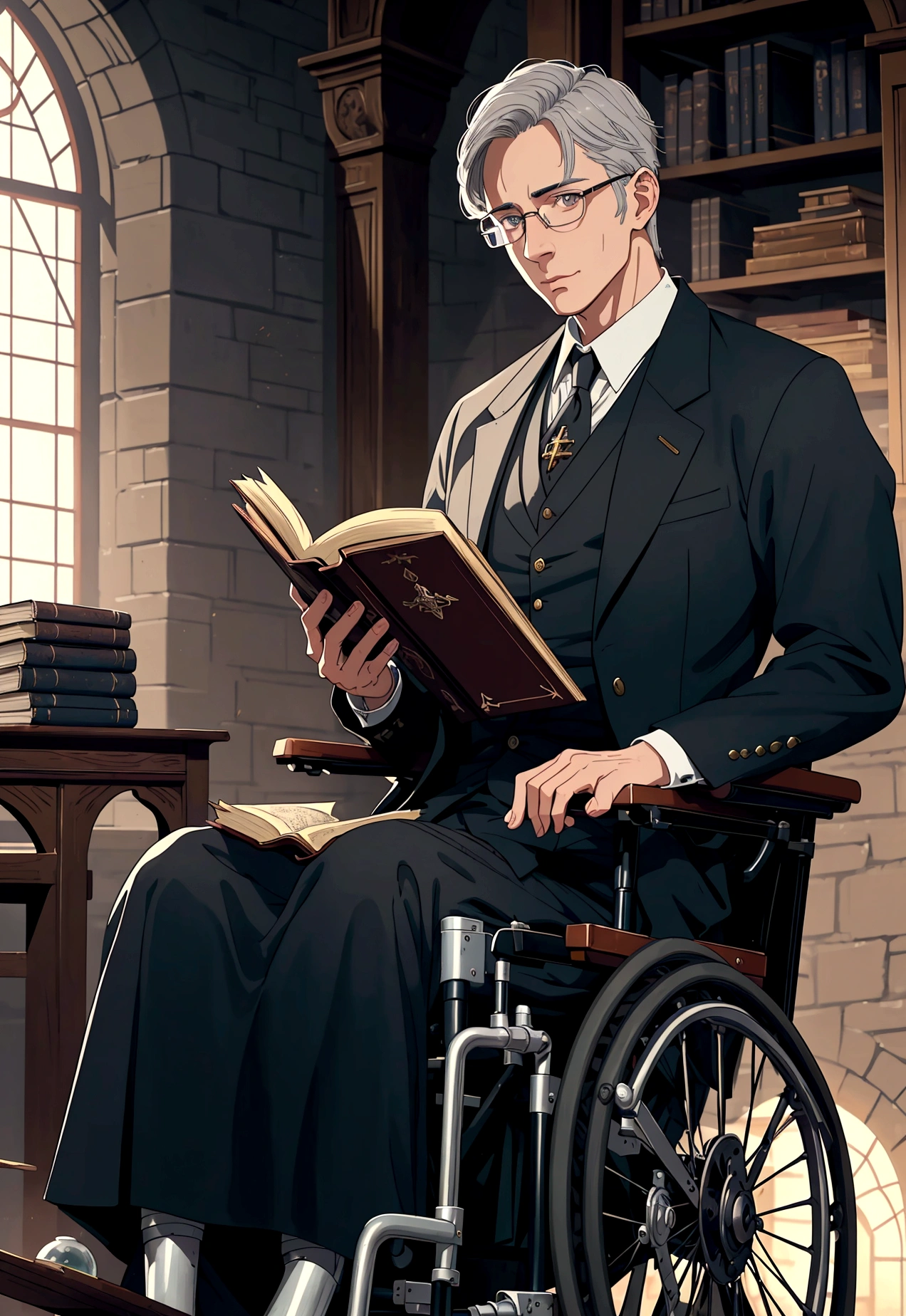 a young adult man with slightly gray hair, professor's glasses, using a wheelchair, medieval era research center, detailed face, anime, pixiv, masterpiece, 8k, intricate details, cinematic lighting, dramatic atmosphere, warm tones, historical architecture, old books, scientific equipment