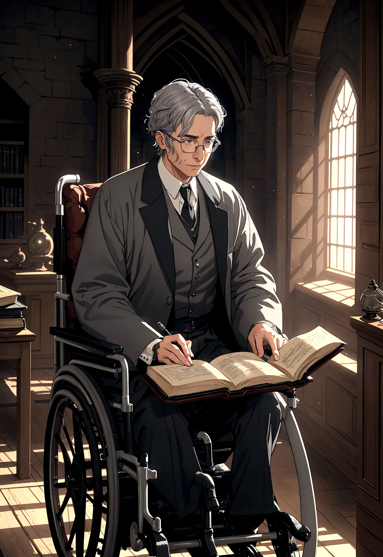 a young adult man with slightly gray hair, professor's glasses, using a wheelchair, medieval era research center, detailed face, anime, pixiv, masterpiece, 8k, intricate details, cinematic lighting, dramatic atmosphere, warm tones, historical architecture, old books, scientific equipment