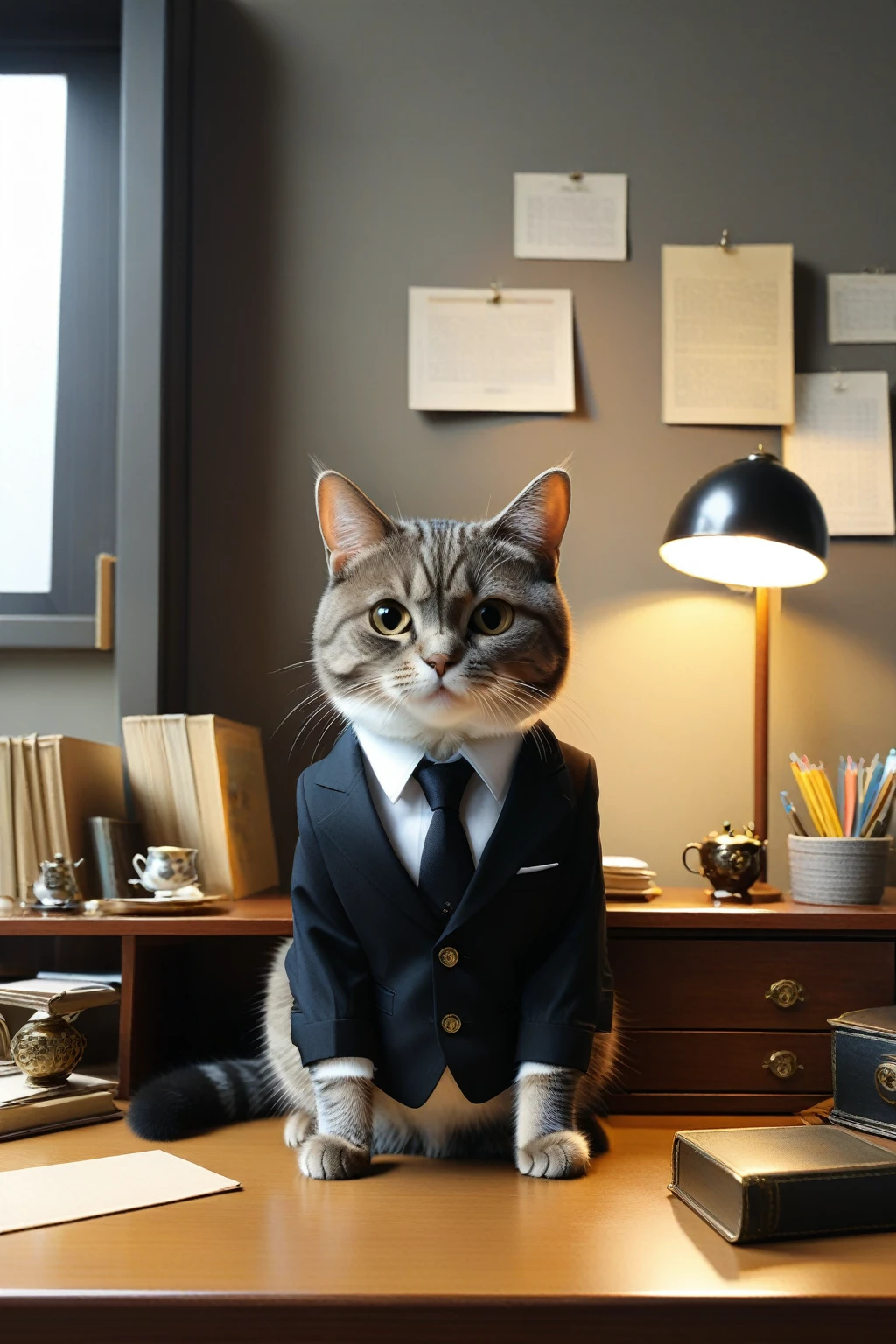 A cat in a suit gazing at me from across a desk、Cute Characters、Center composition、looking at the camera、